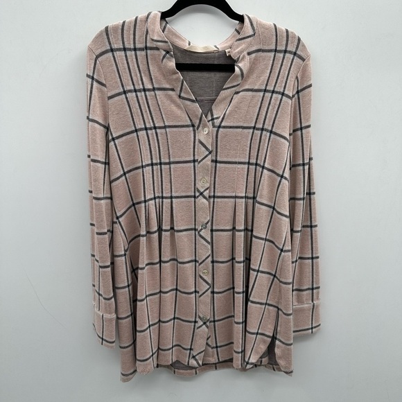 Soft Surroundings pleated pink/grey plaid button down womans quiet luxury top M - Picture 2 of 8
